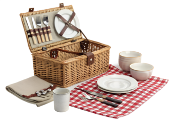 Stylish picnic basket with utensils and plates, arranged neatly on a checkered cloth against a transparent background.