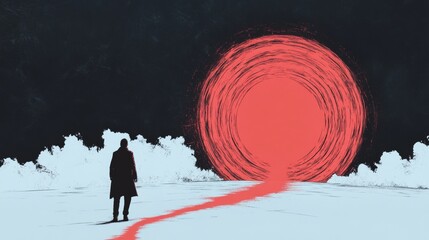 A lone figure walks toward a vibrant red circular portal in a surreal landscape.  Intriguing and mysterious.