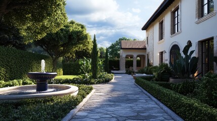 Elegant Italian villa with lush gardens and a tranquil fountain oasis, offering an inviting atmosphere