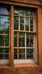Window to the World: An aged window, a gateway to the verdant outside, offering a glimpse of nature framed by intricate lattice and vintage wooden framework.