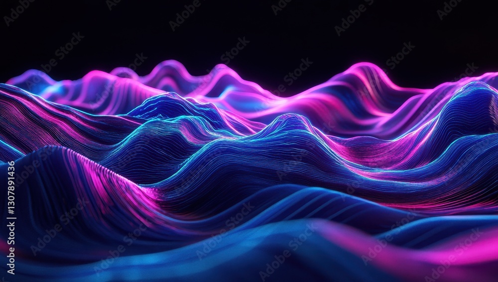 Poster abstract colorful undulating waves in vibrant blue and pink hues creating a mesmerizing digital land