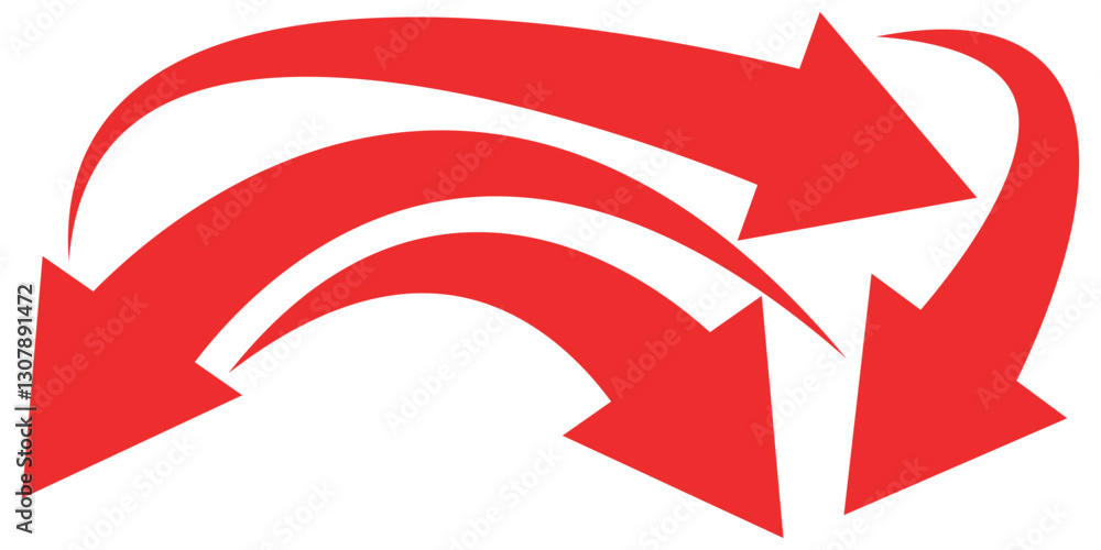 Poster red curve arrows set. curved arrows. red long arrow sign. flat style icons. set of red curve arrow i