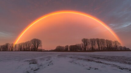Rainbow arcs over snowy trees at twilight