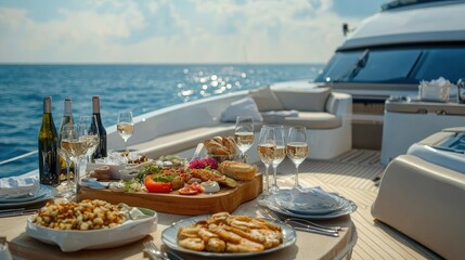 Fototapeta premium Elegant dining setup on a yacht with fine wine, gourmet food, and ocean views.