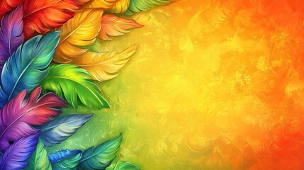 Colorful feathers border on vibrant background