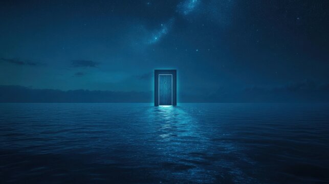 Imagem de porta em um mar sob c&eacute;u noturno