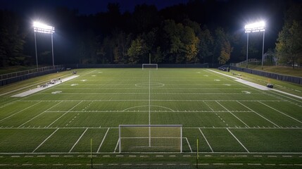 Obraz premium Empty football stadium with bright floodlights shining over the freshly cut grass field.