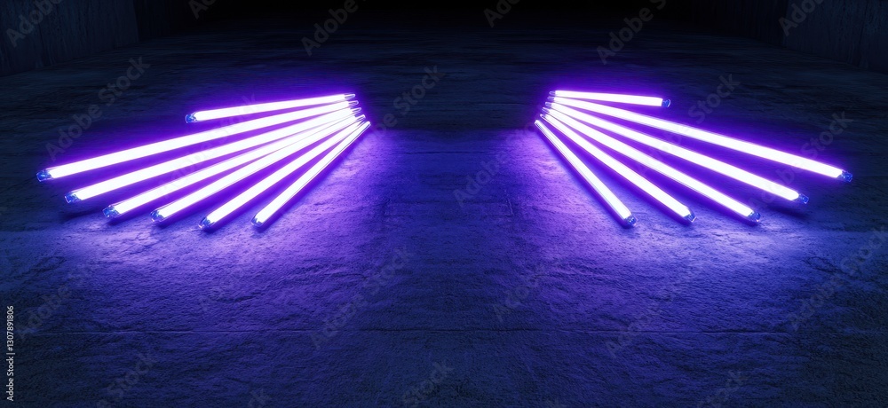 Poster abstract composition featuring glowing purple neon lights arranged symmetrically on a dark textured 