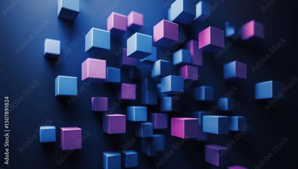 Aufkleber abstract composition of colorful cubes in blue and purple hues floating against a dark background fo