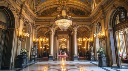 Fototapeta premium Exclusive five-star hotel lobby with a grand chandelier and marble flooring.