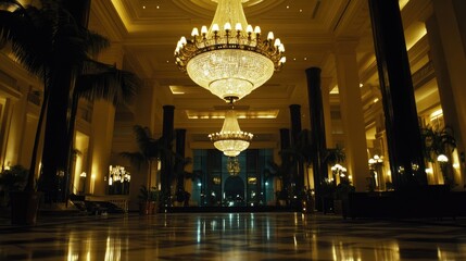Obraz premium Exclusive five-star hotel lobby with a grand chandelier and marble flooring.
