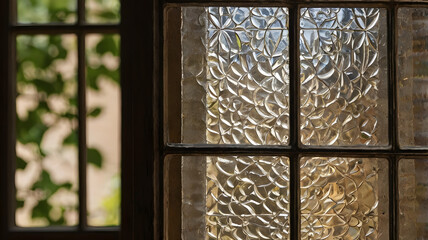 Intricate Glass Window: A detailed close-up captures the beauty of a textured glass window, the sun filtering through its patterned surface, creating a play of light and shadow.