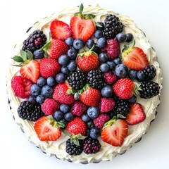 Obraz premium Fresh fruit topped round cake.