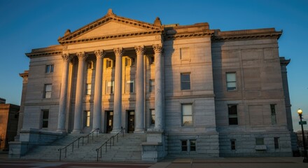 Obraz premium Historic building with classical columns in evening sunlight, symbolizing governance or public institution