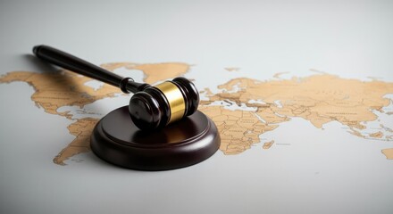 Gavel on world map signifying global law and justice