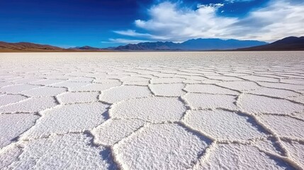 Glistening salt flats reflecting the sky, creating a surreal natural landscape.