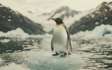 Fototapeta premium King penguin standing on ice floe in Antarctica.