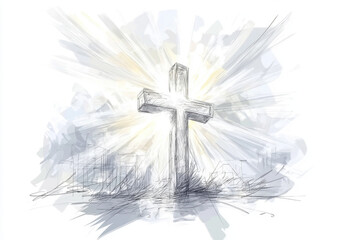 Bright light shining behind christian cross symbolizing hope and faith