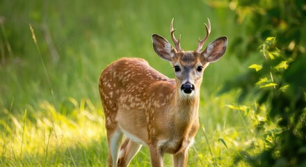 Young deer stands in grassy meadow, illuminated by sunlight