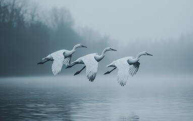 Three graceful white birds in flight over a misty lake.