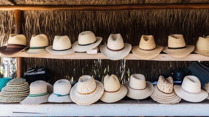 Handwoven hats displayed in a cultural village supporting local craftsmanship.