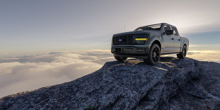 Ford F-150 STX 2024 on Mountain at Sunrise - Editorial 3D Rendering