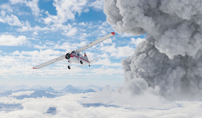 Small Aircraft Flying Near a Volcanic Eruption in 3D Rendering © edb3_16