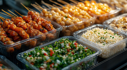 Obraz premium food photography of asian street food in takeout plastic containers,