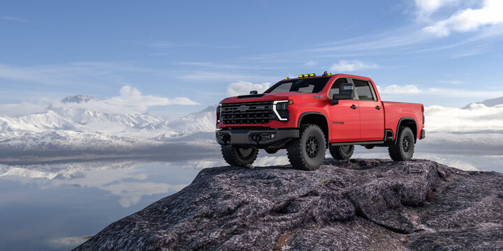 Red Chevrolet Silverado HD ZR2 Bison 2024 Off-Road 3D Rendering in Scenic Landscape