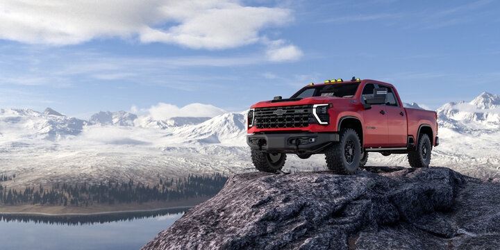 Red Chevrolet Silverado HD ZR2 Bison on Snowy Plateau in Mountain Landscape