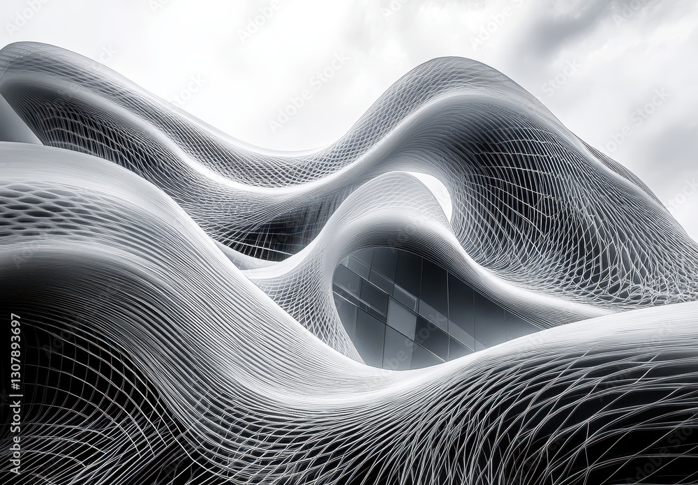 Aufkleber abstract futuristic sculpture of curved lines and waves with intricate wireframe design under overca