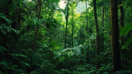 Fototapeta premium Lush Tropical Rainforest Canopy with Vibrant Green Foliage and Dense Tree Cover