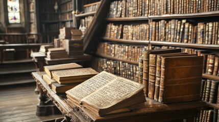 Fototapeta premium Historic library with wooden bookshelves and ancient scrolls.