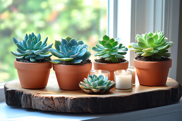 Obraz premium four potted succulents in tiny terracotta pots on a rustic wooden tray,