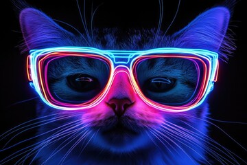 Fototapeta premium Neon cat sunglasses, dark background, vibrant, digital art, poster