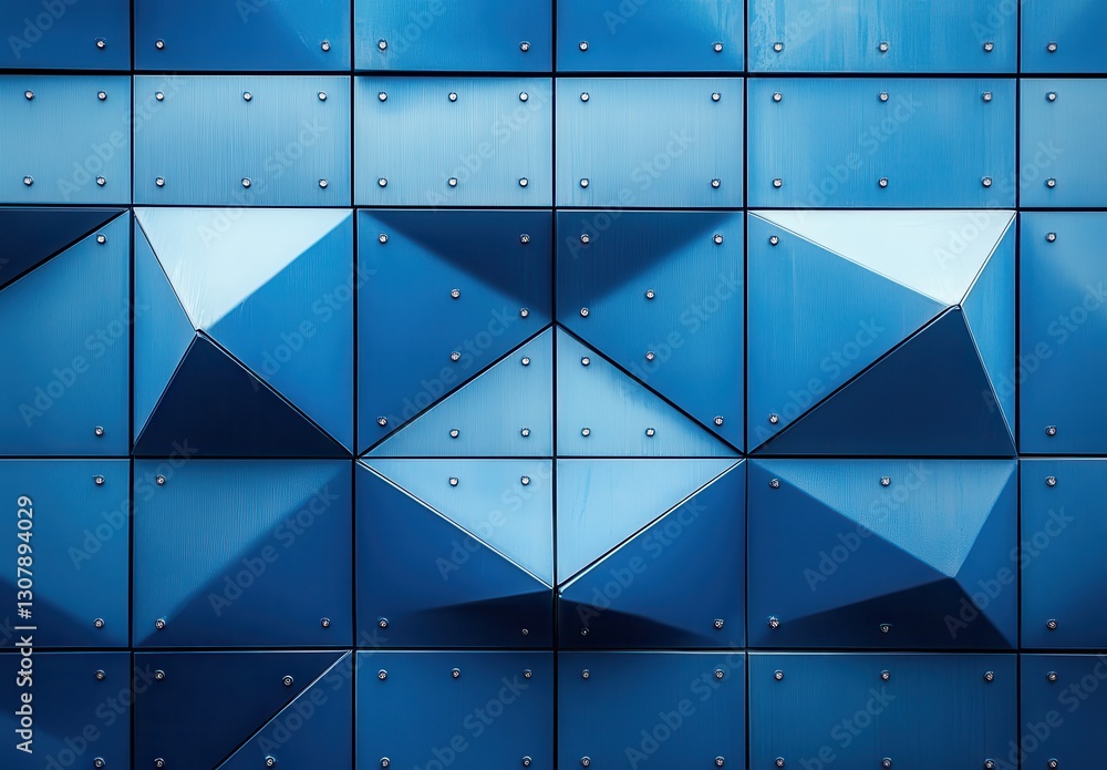 Poster abstract geometric modern wall design featuring shiny blue metallic panels with textured three-dimen