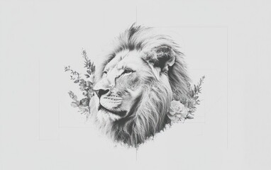 Obraz premium Majestic lion portrait in monochrome, framed by foliage.