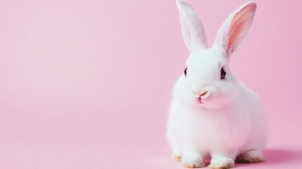 Fototapeta premium Photo of a little bunny, on a soft pink background Easter theme