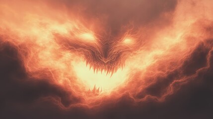 Fiery demonic face emerges from ominous clouds, glowing menacingly in the dark. Intense orange and red hues create a dramatic, terrifying scene.