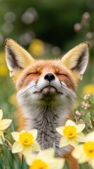 Fototapeta premium Adorable fox surrounded by blooming daffodils in vibrant nature scene