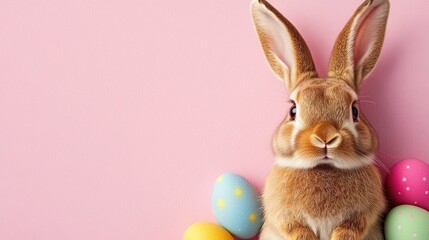 Photo of a little bunny, on a soft pink background Easter theme