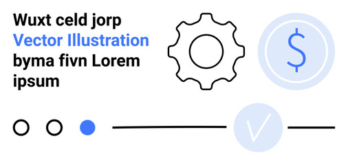Gear representing settings, dollar sign symbolizing finance, checkmark for completion, and progress indicators form conceptual elements of business strategy. Ideal for financial planning, business