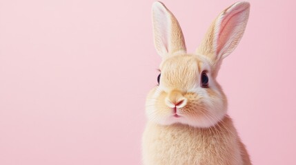 Obraz premium Photo of a little bunny, on a soft pink background Easter theme