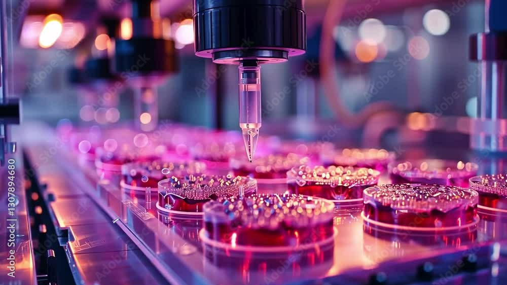 Poster this observation of a pipetting process in a laboratory focused on stem cell research and therapy.