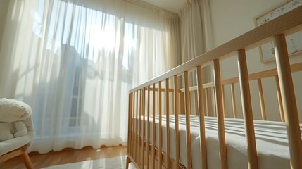Bright Crib Nook Sunny Nursery with Wooden Crib and Sheer Curtains Indoors