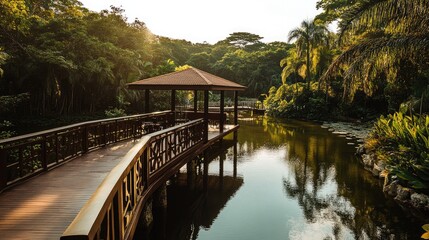 Fototapeta premium Lush botanical garden with diverse flora, featuring an educational eco-tourism center.