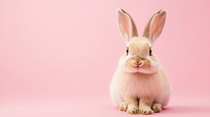 Obraz premium Photo of a little bunny, on a soft pink background Easter theme