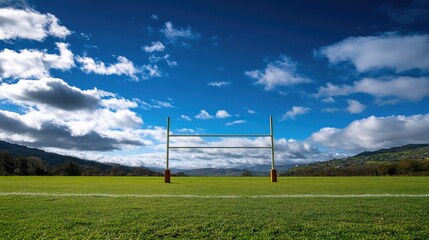 Lush green rugby field with goalposts standing tall under a bright blue sky.