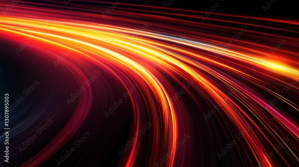 Poster red and orange curved lines swirl across a dark background, illuminated with light and shadow effect