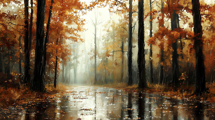 Obraz premium Rain-soaked forest with glistening leaves and tranquil atmosphere